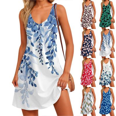 Women's Summer Casual V Neck Sleeveless Sundress Classical Leaf Printed Vest Dress