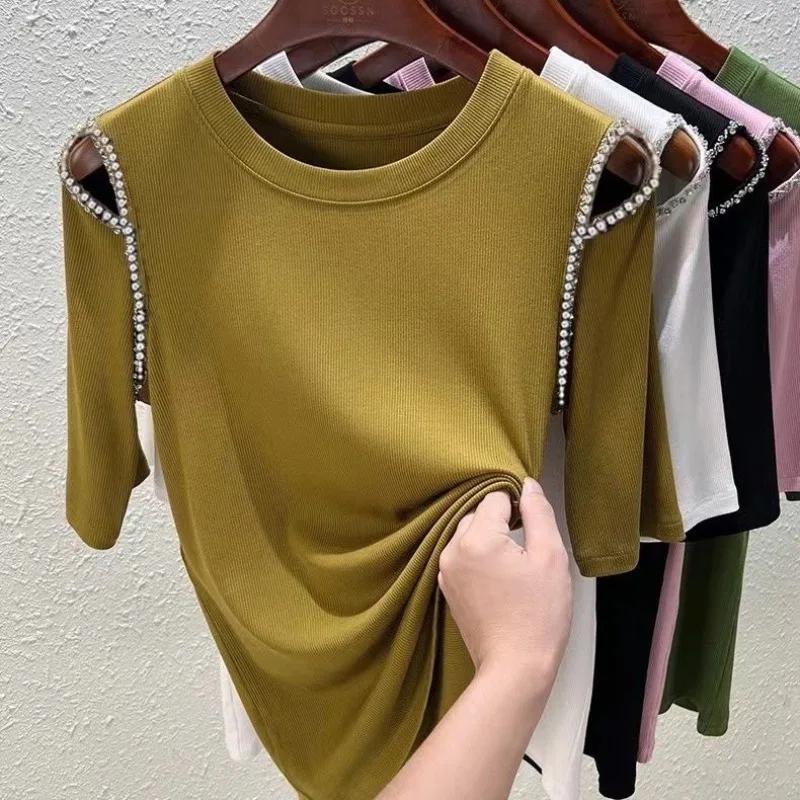 Damen Schwarzes Rollkragen Oberteil 3/4 Ärmel Cold Shoulder Schlanke Bluse Strassstein Detail