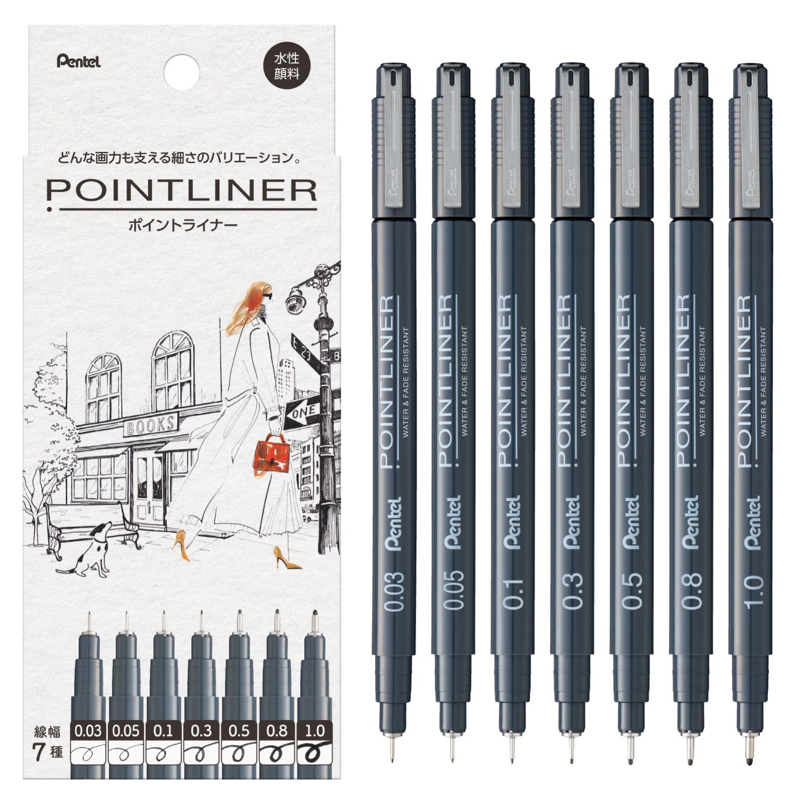 Pentel Point Liner Set of 7 Line Water-Based Pen, Widths, Black, S20P-7STA чёрный