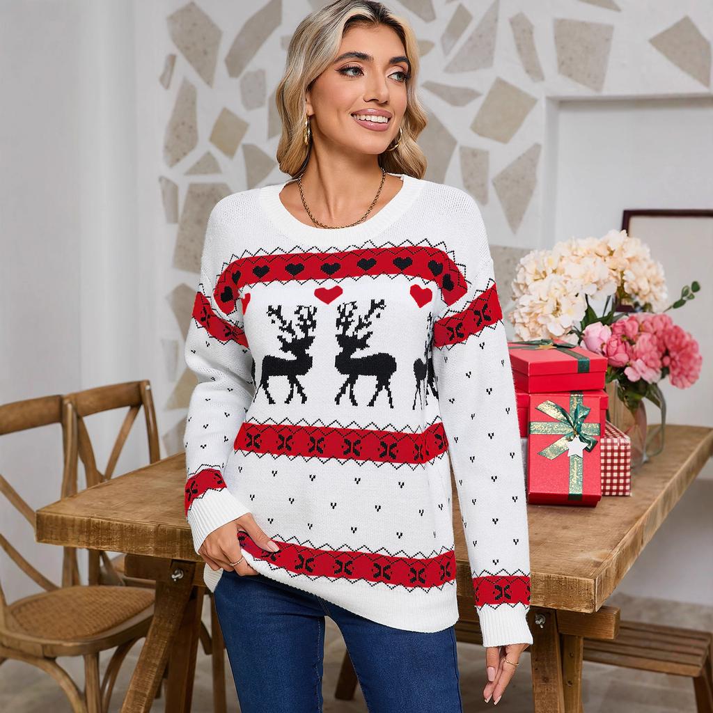 European, American Autumn And Winter Knitted Sweater Christmas Elk Jacquard Pullover Crew Neck Top Sweater Women