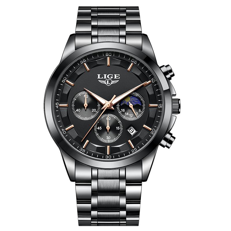 LIGE Business Watches Mens Top Brand Luxury Quartz Wristwatch 3Bar Waterproof Chronograph Luminous Watch for Gentleman Gift+Box