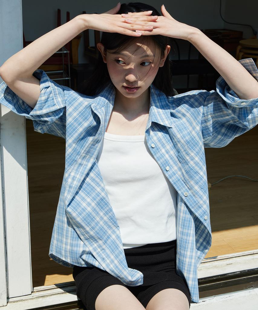 STEP AROUND Soft Cotton Washing Check Shirts_Blue