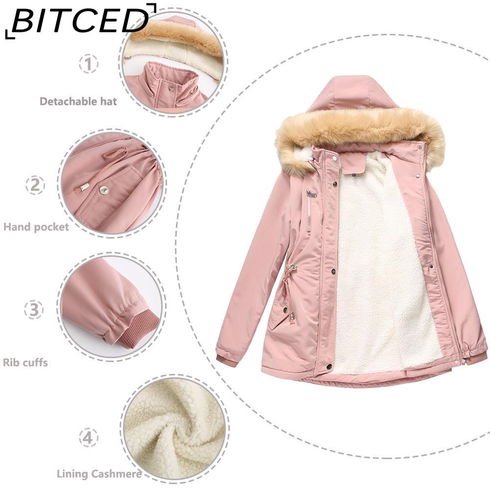 BITCED Autumn/Winter Women's Thickened Shearling-Lined Cotton Coat Loose-Fit Cotton Jacket with Detachable Hood and Fleece Lining