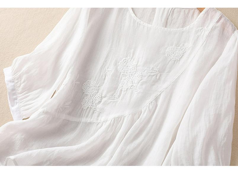 2023 Women's Literary Embroidery Cotton Linen Blouse - Summer Loose Pleated Pullover