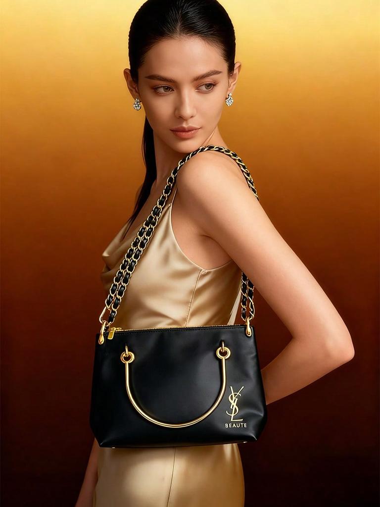 Black Single-shoulder Chain Bag, Shiny Leather Crossbody Bag, Women's Handbag