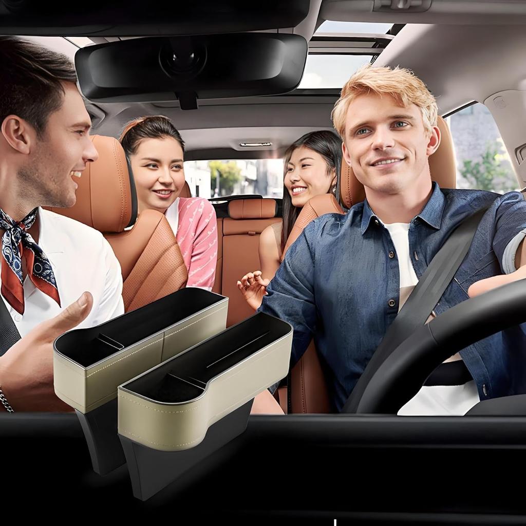 2026 Upgraded 2 PC (L+R) Premium PU Leather Car Seat Gap Filler Organizer With Cup Holder & Storage Slot/Bag– Fits Front Seat, Holds Phone,