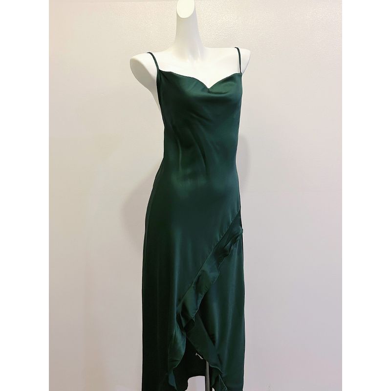 Good Morning with You Sexy French Style Swing Collar Dark Green Slip Nightdress Long to Ankle Satin Ice Silk Mermaid Dress Female
