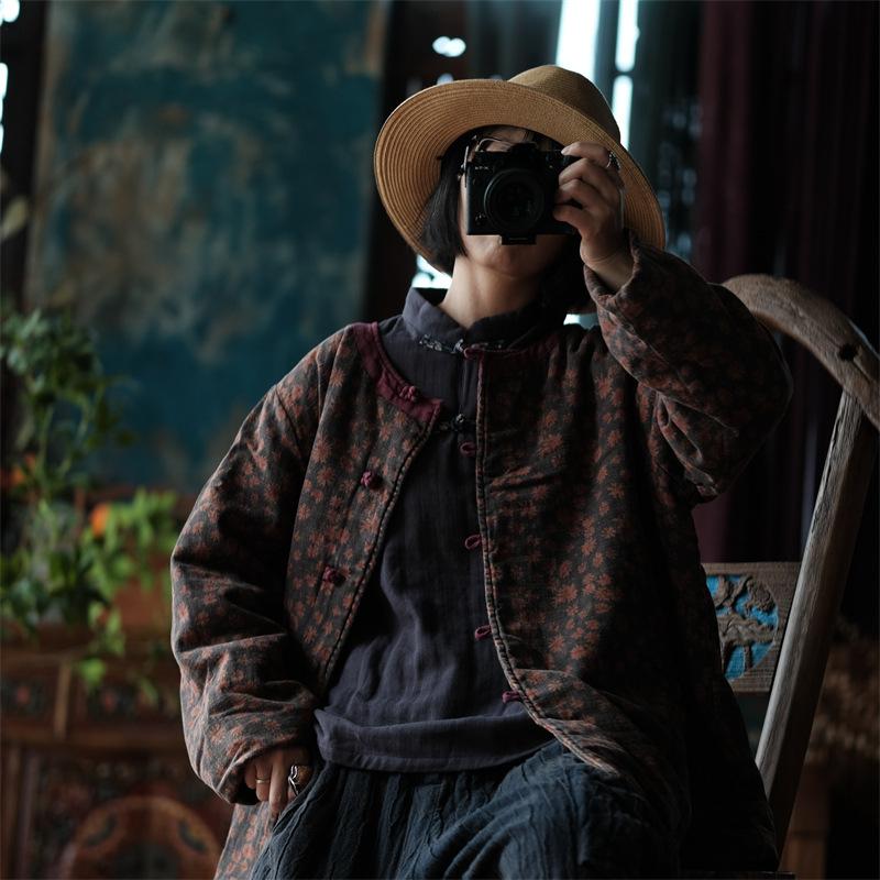 Johnature Γυναικεία παρκά με λουλούδια vintage στάμπα με μακρύ μανίκι με λαιμόκοψη και βαμβακερό μαλακό παλτό Πάρκα χειμερινού κινέζικου στυλ