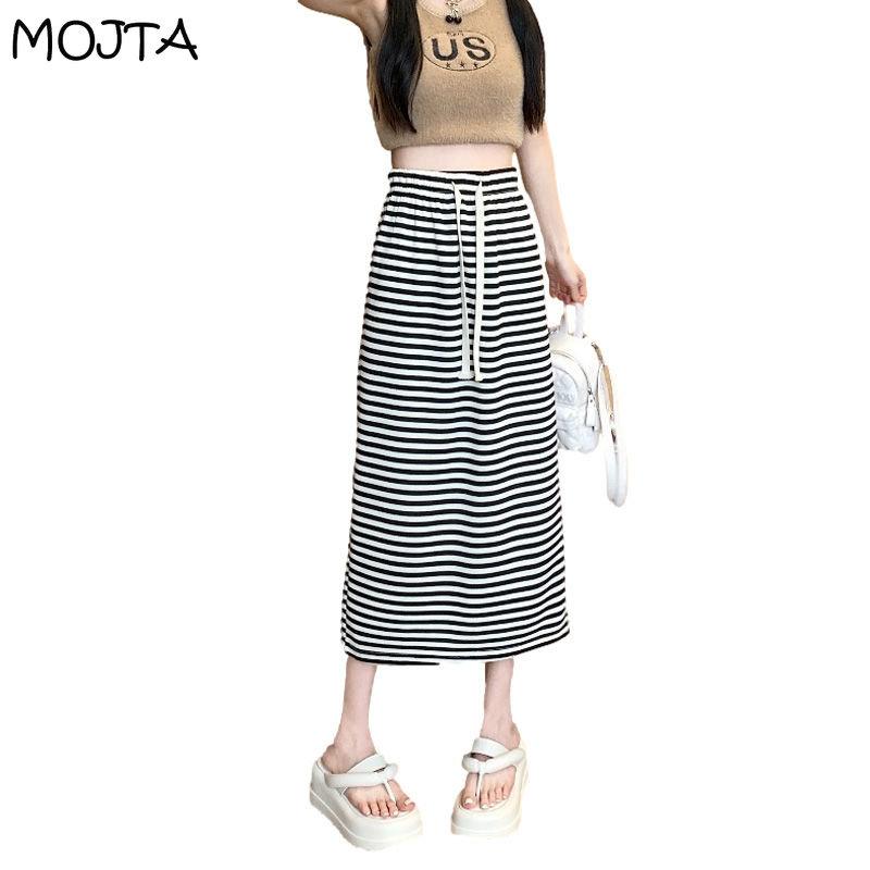 MOJTA Gonna Estiva da Donna a Vita Alta Media Lunghezza A-line Elastica a Righe Coulisse Casual con Spacco