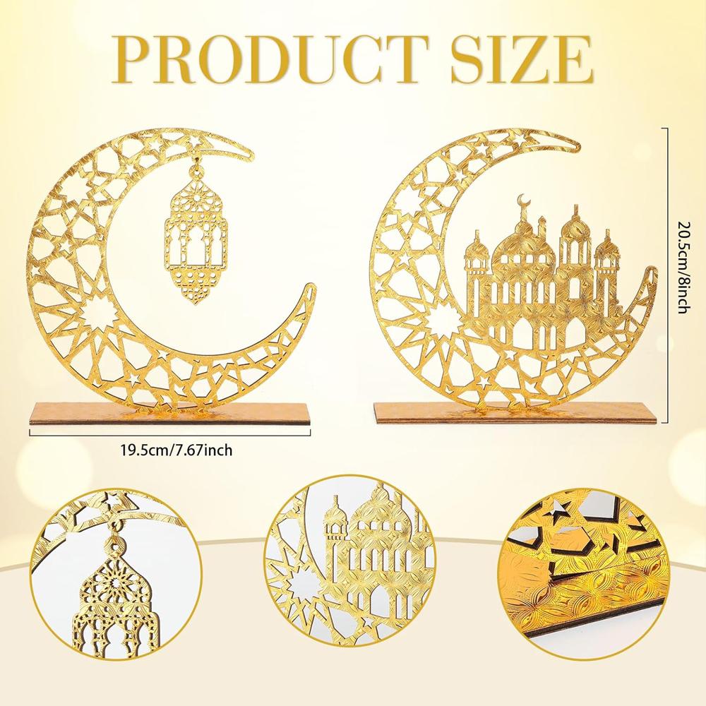 2 st Trä Ramadan Islamisk Eid Mubarak Kareem Bordskylt Måne Ihålig Stjärna Prydnad För Muslimsk Fest Dekorativa Bordsskivstillbehör