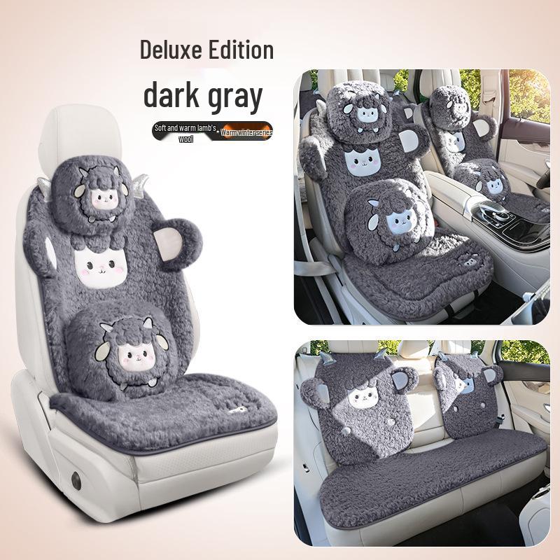 Universal Embroidered Lambswool Car Seat Cushion Set - Winter Warm 3-Piece Interior Decor.