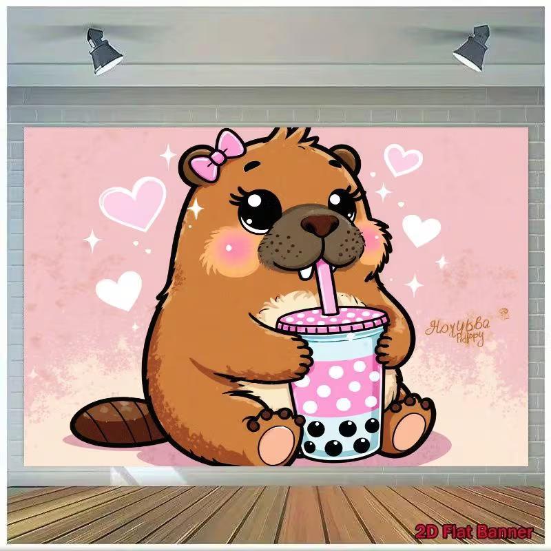 

2D Capybara Bubble Tea 2D Flat Banner, Pink Kawaii Animal Background 47.2x31.5inch/120*80cm