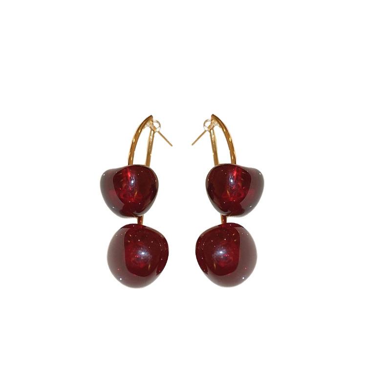 Niche Dark‑Red Resin Cherry Fruit Silver Needle Earrings Personality Fashion Simple High‑End Temperament Trend Jewelry