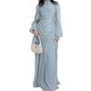 Elegant Women's Pleated Satin Dress with Round Neck and Long Sleeves