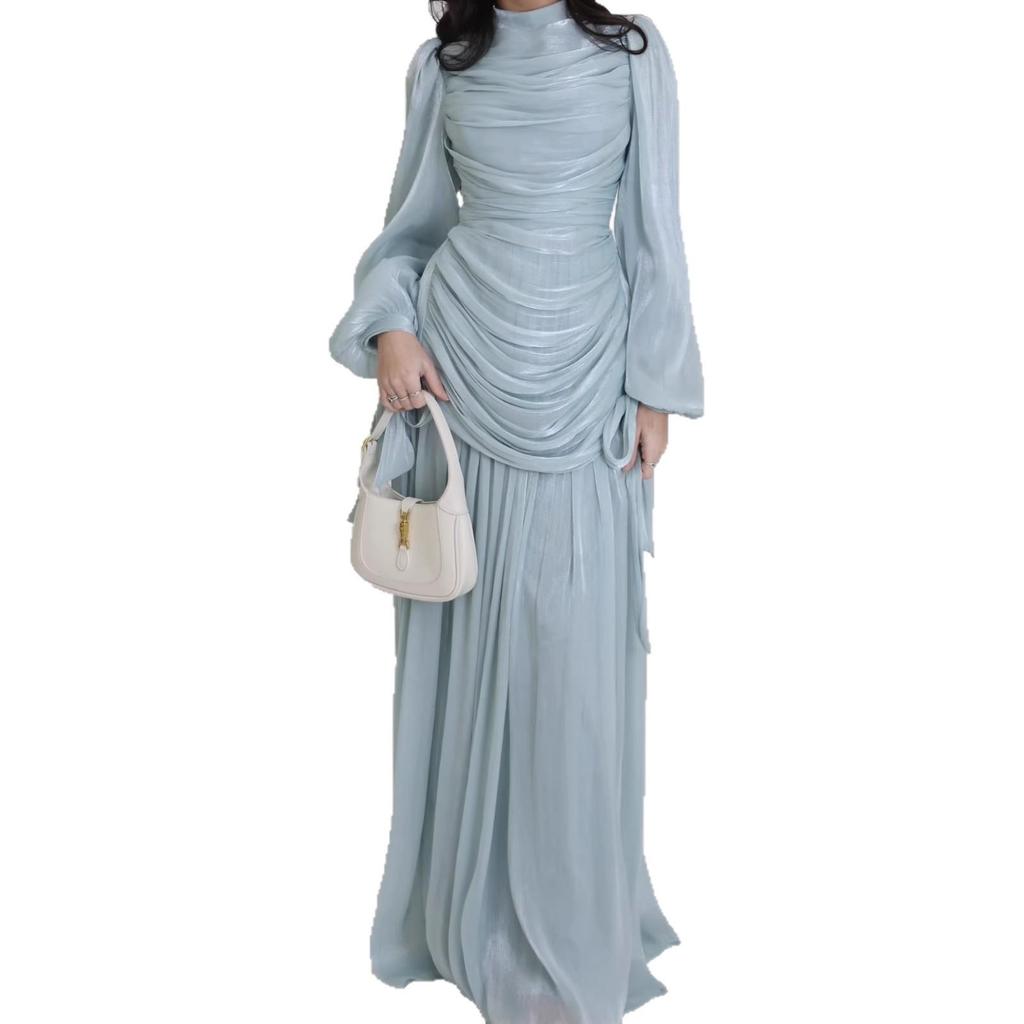 Elegant Women's Pleated Satin Dress with Round Neck and Long Sleeves
