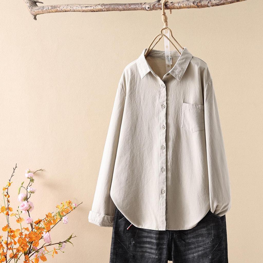 Solid Color Pure Cotton Long Sleeve Unisex Women's Shirt - Japanese Casual Style 