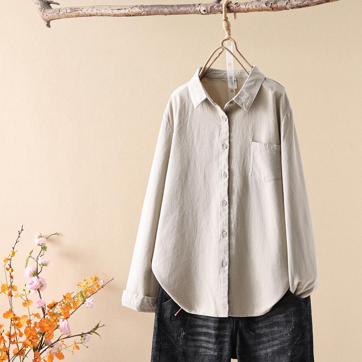 Solid Color Pure Cotton Long Sleeve Unisex Women s Shirt - Japanese Casual Style M