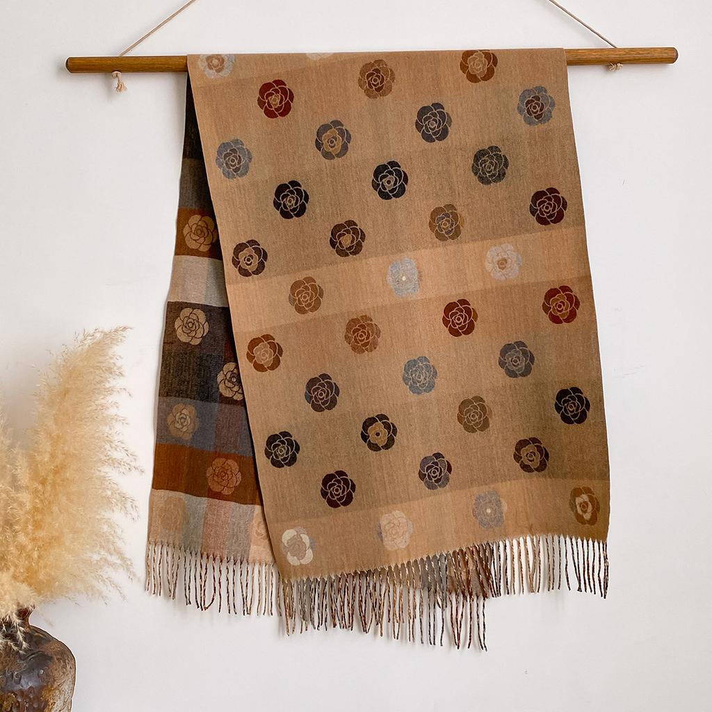 Versatile Jacquard Autumn And Winter Rose Splicing Double-Sided Imitation Cashmere Scarf Winter Warm Shawl Women