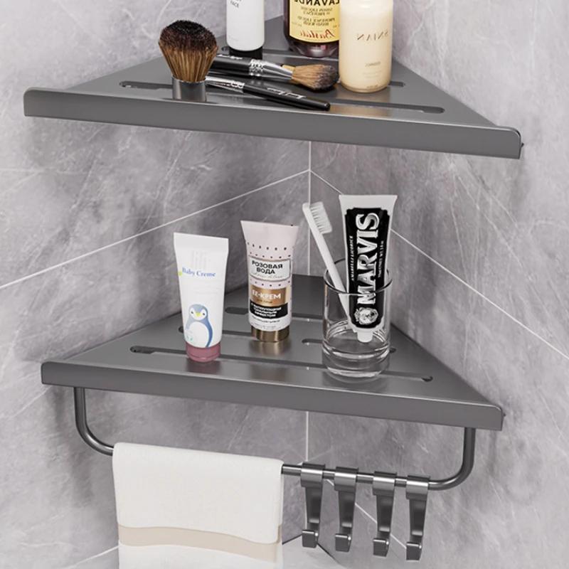 Summer Bathroom Triangle Drain Shelf, No Drilling Wall Mounted Cosmetic and Toiletries Hollow Carbon Steel Shelf with Hooks