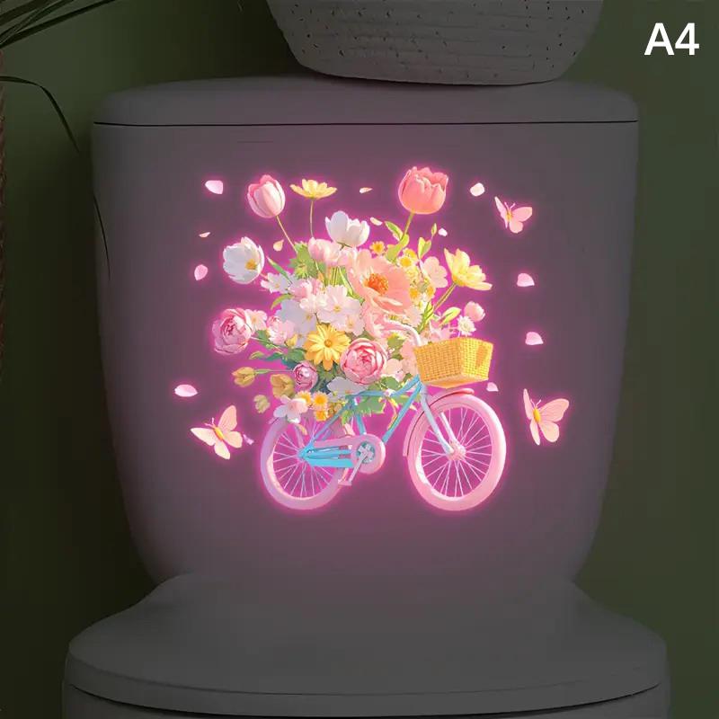 Glow-In-The-Dark Lotus Dahlia Bicycle Flower Toilet Stickers Self-Adhesive Removable Uv Night Decal Wall Stickers Bathroom Decor