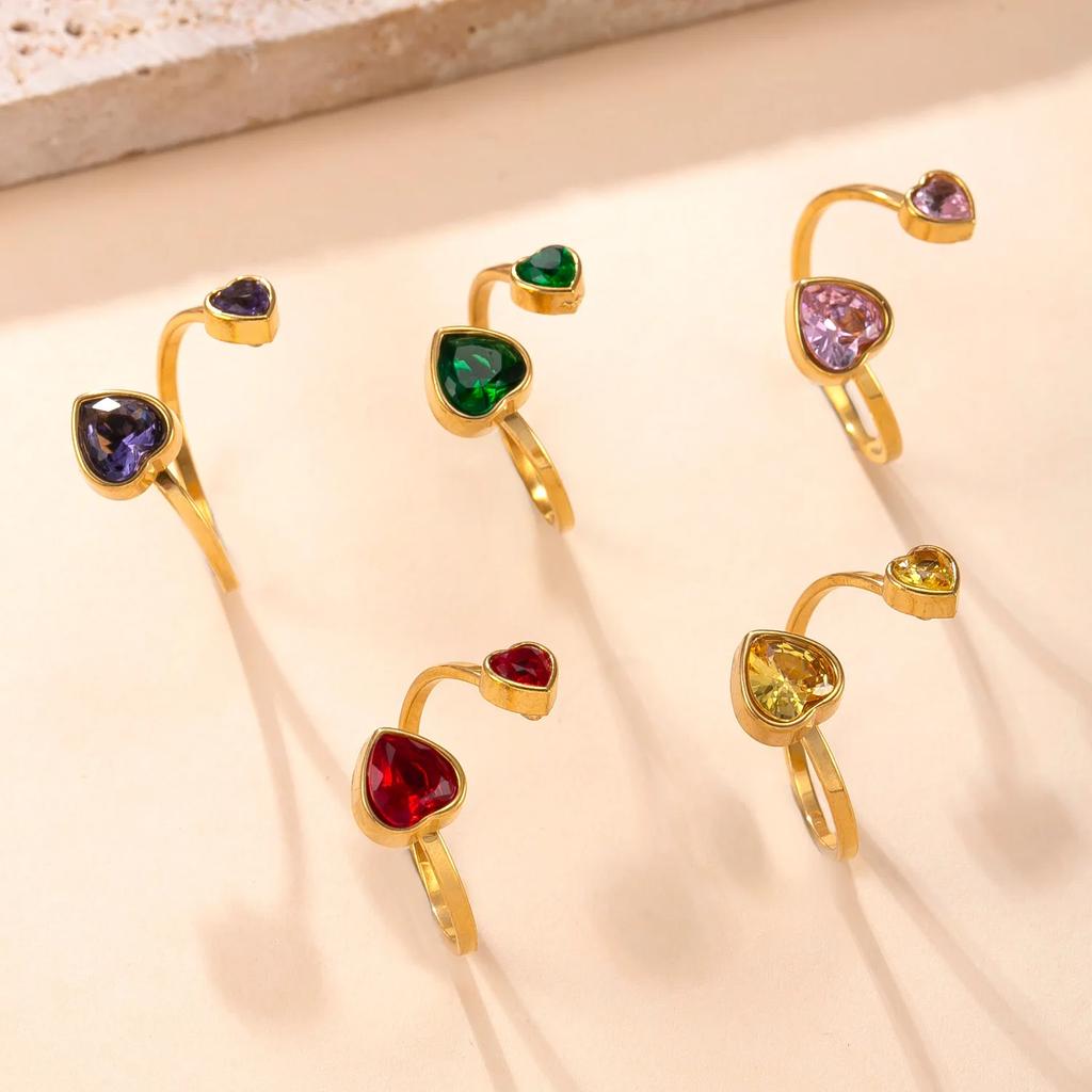 Red Zircon Heart Ring Women Gold Color Stainless Steel Minimalist Trendy Adjustable Open Rings Wedding Zircon Gift Wholesale