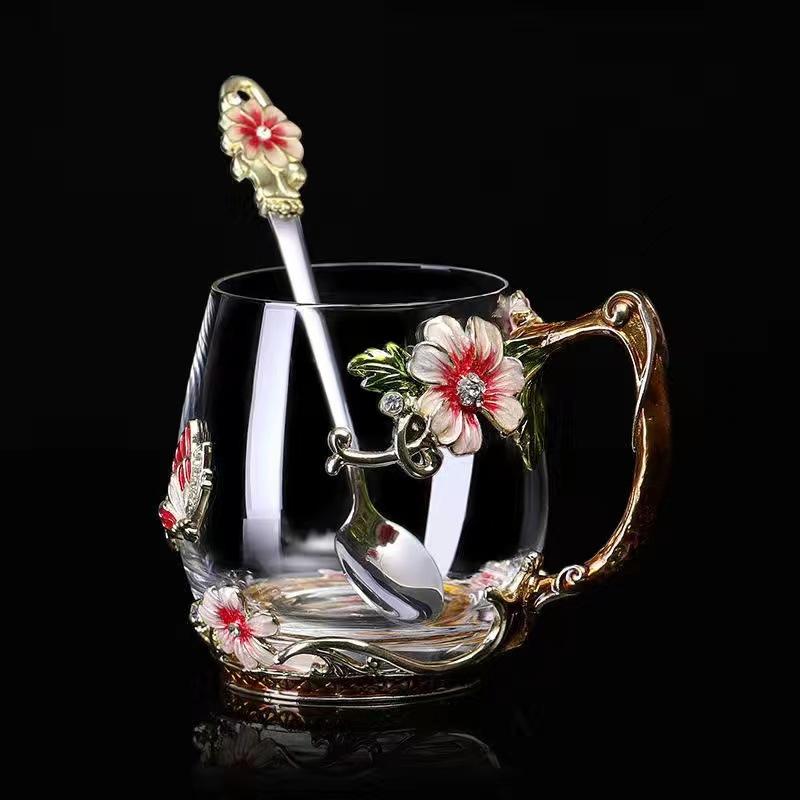 Petite tasse à thé en émail marguerite, petit verre peint à fleurs fraîches, ensemble de tasses à thé cadeau transparentes pour la maison