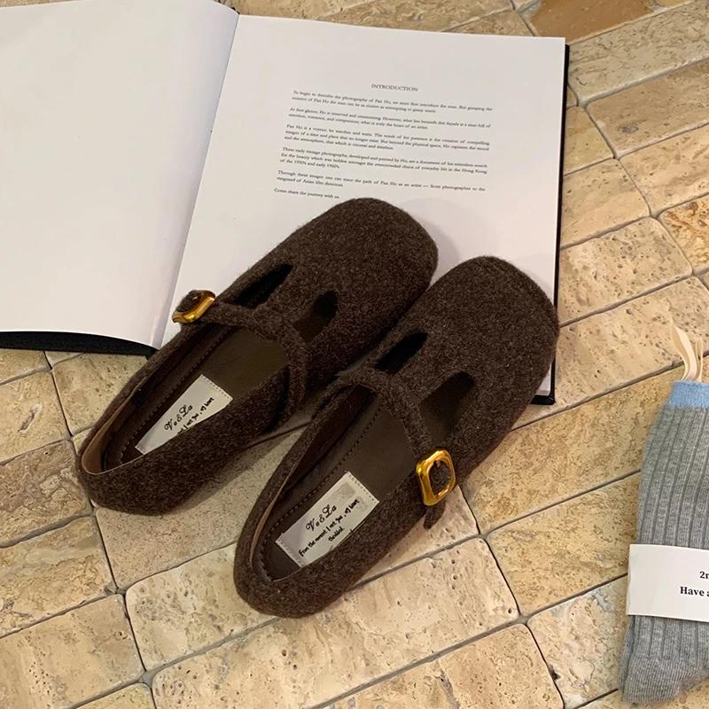 Fashion 2025 Autumn Woolen Fabric Women Flats Shoes Fashion Shallow Round Toe Shoes Ladies Comfort Ballet Style Mary Jane Shoes