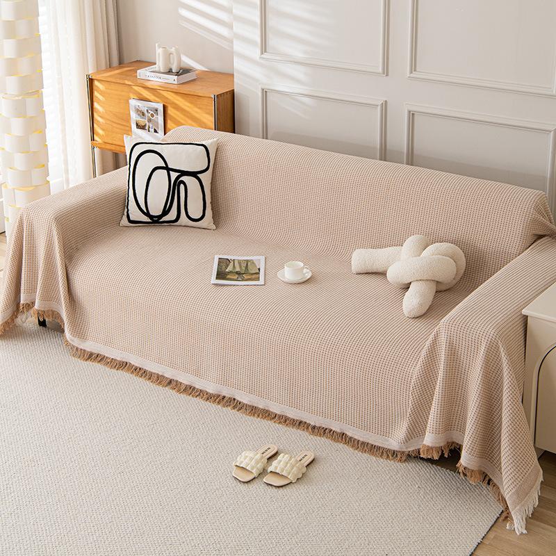 Ins Minimalist Soft Cotton Yarn T-Grid Sofa Throw One-Piece Sofa Mat Machine Washable All-Season Full Coverage Universal Sofa Cover Versatile
