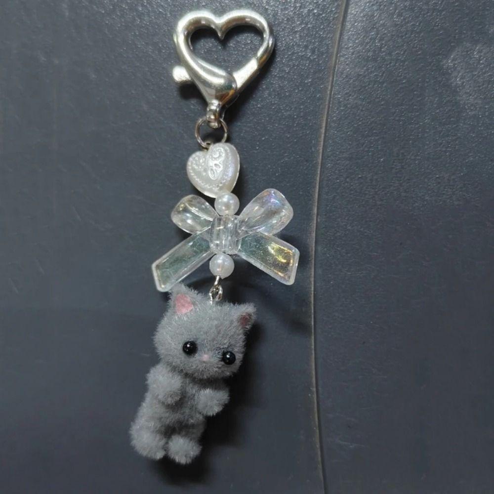 Fashion Cat Pendant Keychain Flocking Animals Pendant Key Chain Heart Bow Shaped Key Ring  Women