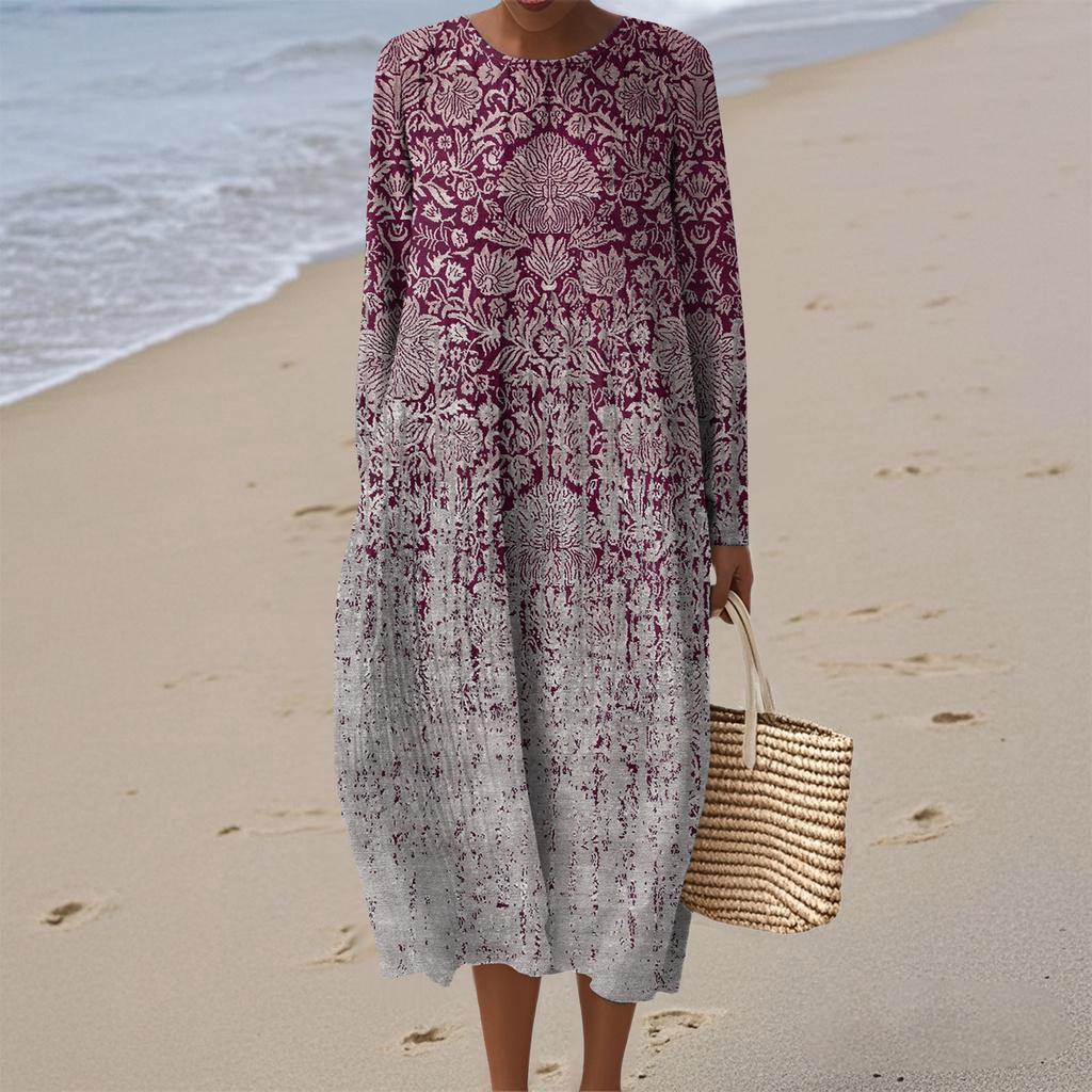 Women's Fashionable Casual Long-Sleeved Round Neck Floral Print Zipper Dress