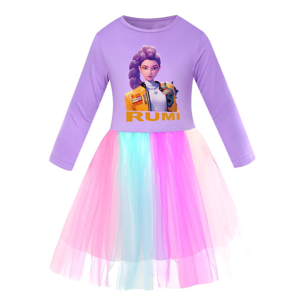 Rochie Casual din Bumbac cu Mâneci Scurte și Guler Rotund, cu Imprimeu Anime Desene Animate Cântăreață POP Super Star Rumi Zoey Mira, din Plasă Curcubeu