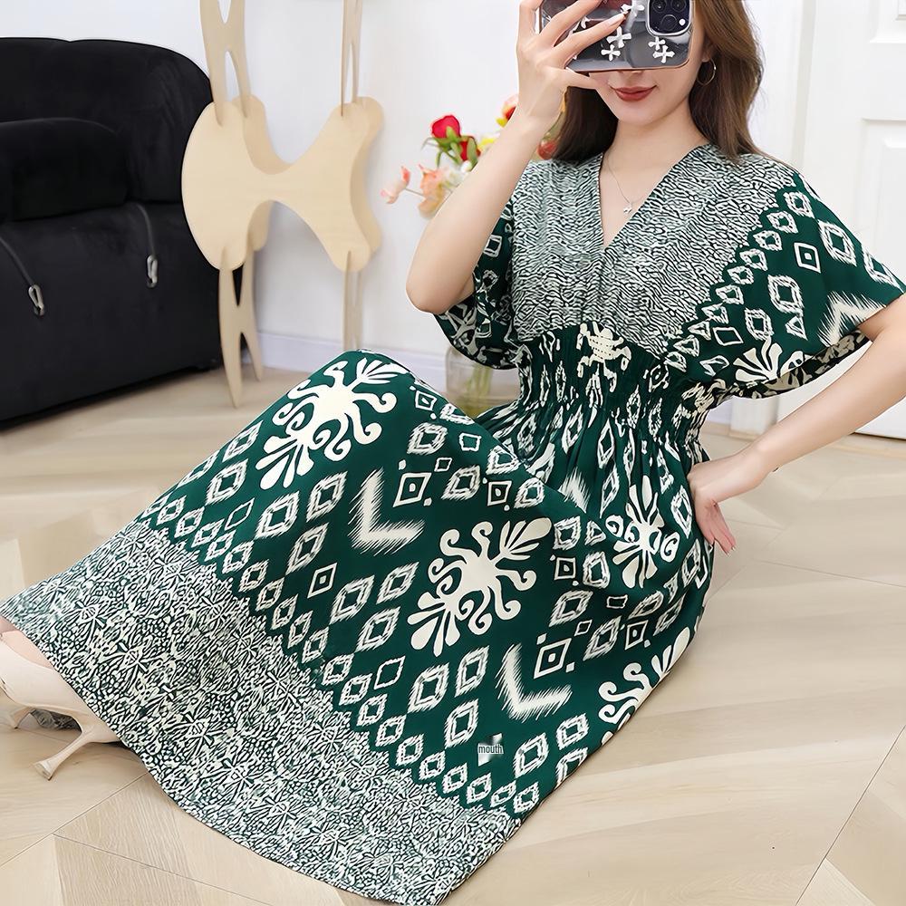 26-Year Floral V-Neck Cotton Silk Batwing Sleeve Beach Dress - Thailand Travel & Vacation Skirt Style