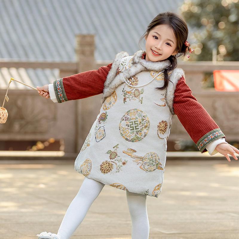 

Girls Winter Hanfu Dress - Padded, Thickened, Tang Suit for New Year Celebrations, Ideal for Autumn and First Birthday Gift 140cm вершковий/білий