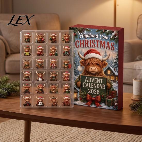 Festive Room Car Ornaments 2026 Highland Cow Christmas Advent Calendar, 24-Day Acrylic Countdown Ornament Set with Classroom Exchange Gifts
