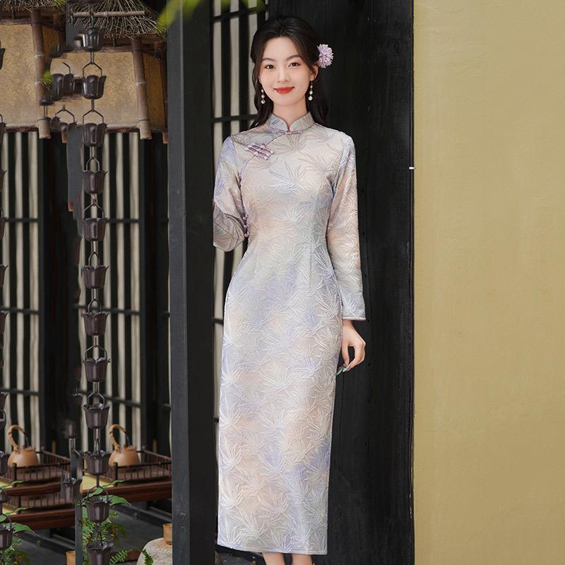 Purple flocking autumn and winter clothing national style new Chinese long-sleeved cheongsam winter thick improved young retro S