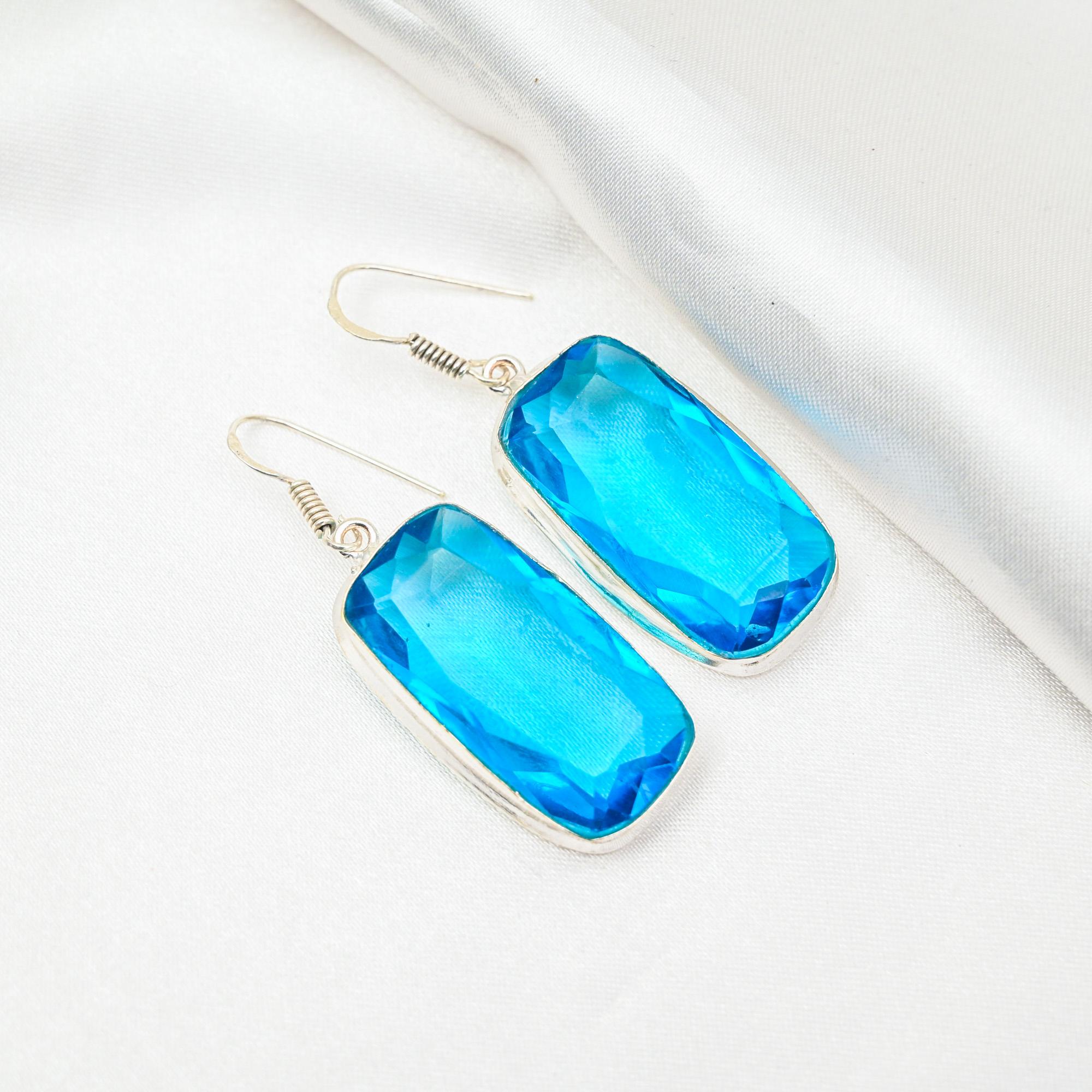 

Серьги с голубым топазом, ювелирные изделия из стерлингового серебра 925 пробы, серьги ручной работы на День Благодарения 1.96 Inches синий