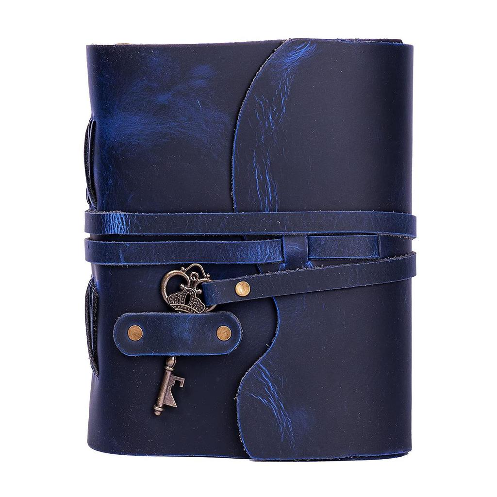 Handmade Vintage Leather Diary -Vintage Handmade Pages - Antique Key Closure - Blue Color. Size 8X6 Inches
