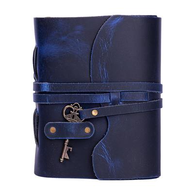 Χειροποίητο Vintage Δερμάτινο Ημερολόγιο - Χειροποίητες Αντίκες Σελίδες - Κλείσιμο με Αντίκα Κλειδί - Μπλε Χρώμα. Μέγεθος 6x4 ίντσες