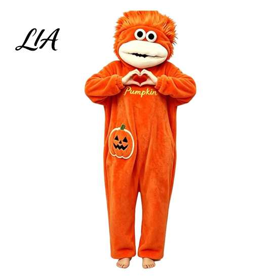 Cartoon Creature Costume Big Mouth Onesie Pajamas, Halloween Pumpkin Fleece Loose Fit Pajamas Hooded Unisex One Piece Sleepwear Loungewear
