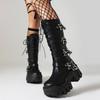 Womens Punk Combat Boots High Platform Mid Calf Motorcycle Boots Goth Black Chunkiness Wedges Stars Heavy Silent Disco Shoes