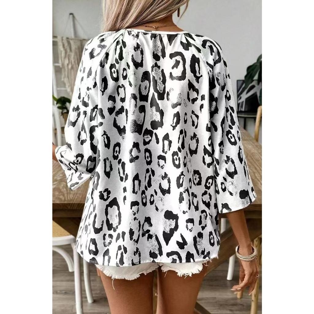 Top da Donna Temperamento Pendolare Cachi Stampa Leopardo Scollo a V Grande Plissettato Maniche a Sette Quarti Camicia