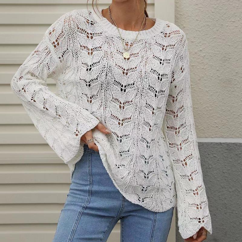 IHUASU Damen Herbst und Winter Strickpullover Einfarbig Häkeln Aushöhlen Pullover O-Ausschnitt Lockerer Pullover
