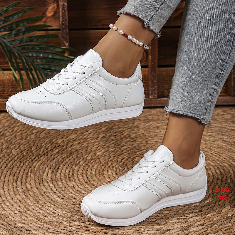 Fashion Women's Lightweight Casual Sneakers White PU Leather Comfort Sports Shoes for Women Lace Up Breathable Running Shoes Plus Size