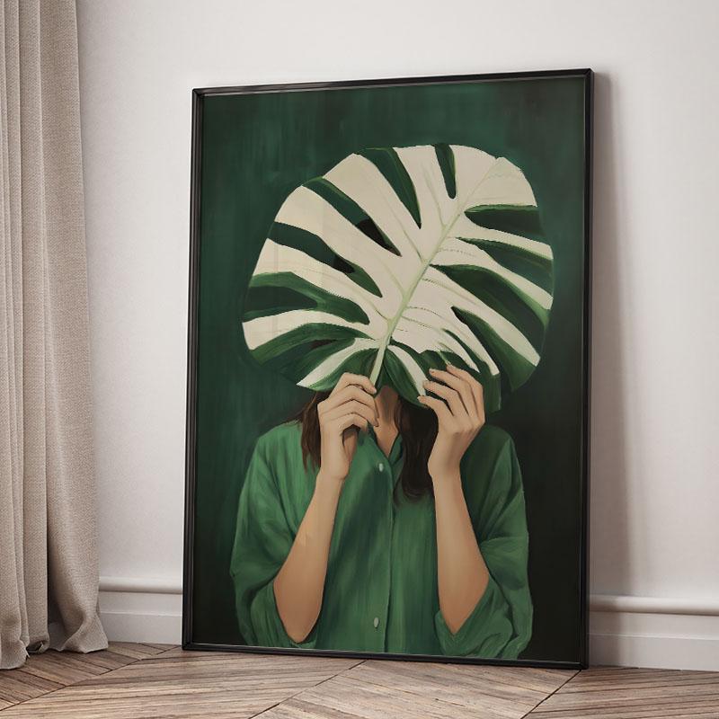 Green Striped Girl Lemon Leaf Wall Art Canvas Painting Abstract Posters And Prints Hotel Bar Wall Pictures For Living Room Decor