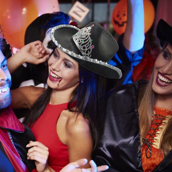 Women Cowboy Hat Rhinestones Inlay Crown Shiny Sequined Hat Brim Western-Themed Night Party Ladies Fancy Dress Festival Cowboy Costume Accessories