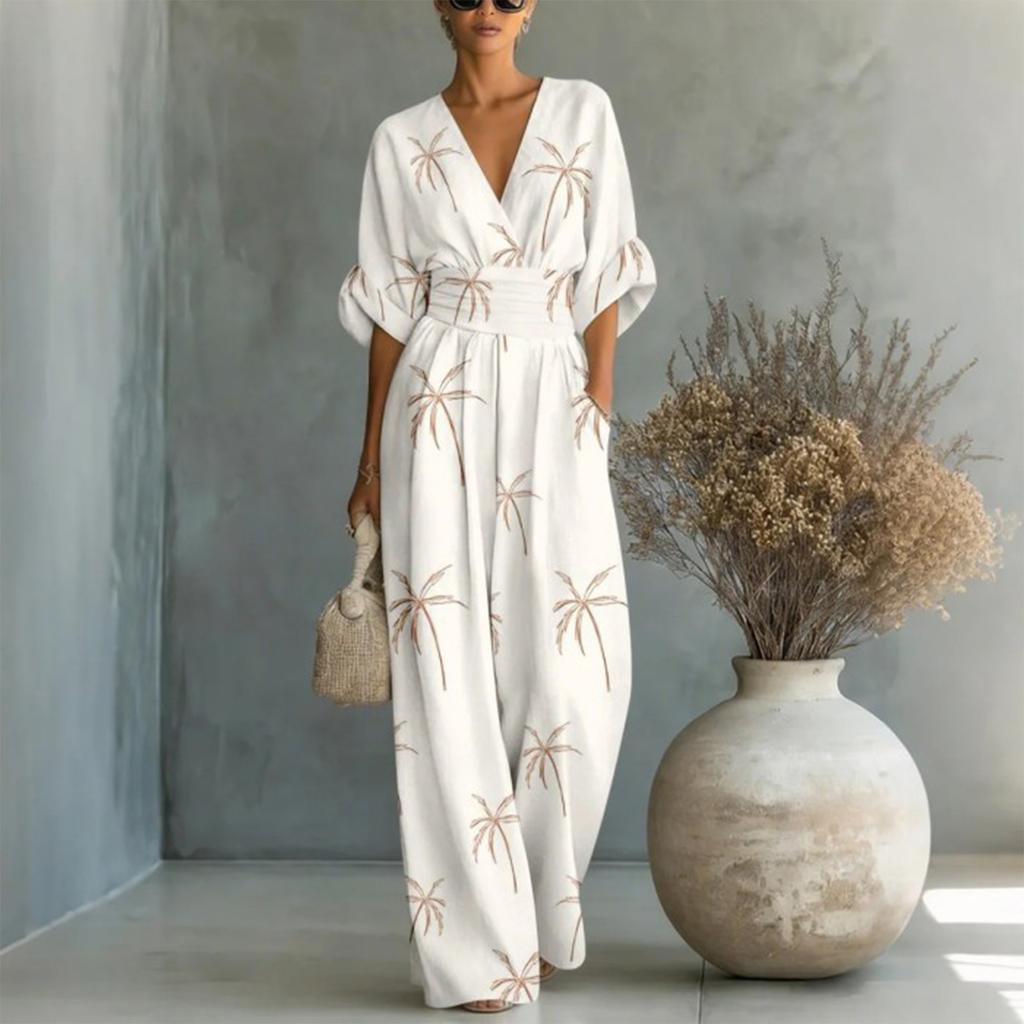 Dames Elegante V-hals Bedrukte Jumpsuit met Tailleband Losse Pasvorm Lange Mouwen Eendelig Outfit voor Casual of Formeel Gebruik