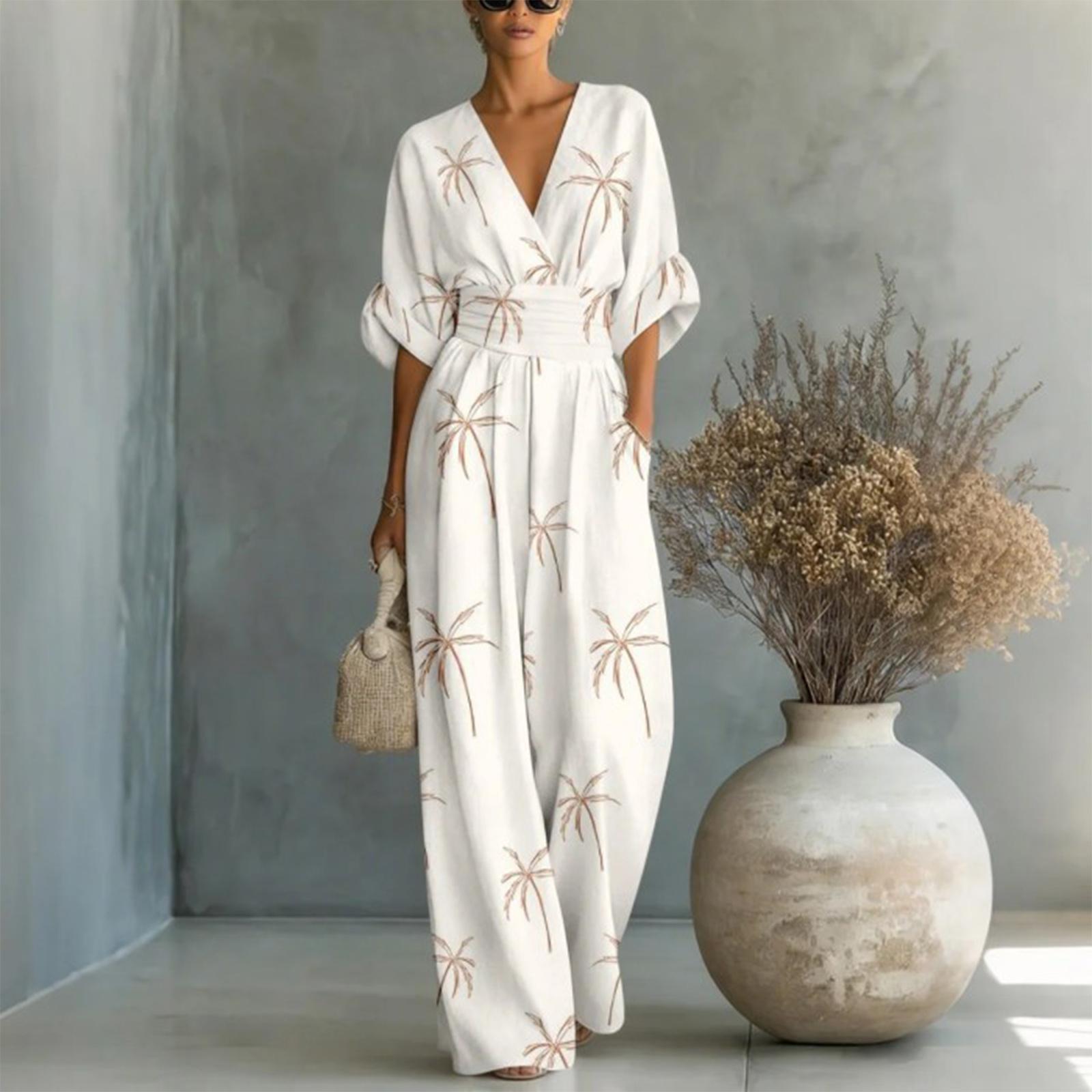 

Women’s Elegant V Neck Printed Jumpsuit with Waist Tie Loose Fit Long Sleeve One Piece Outfit for Casual or Formal Wear S бежевый
