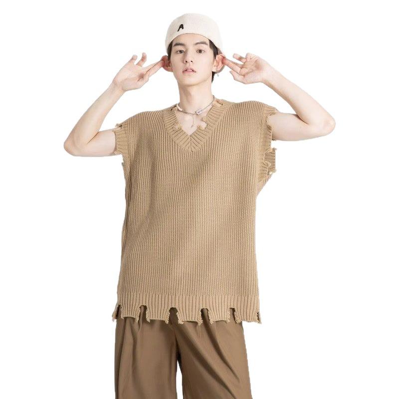 Herren Japanischer Retro Used-Look Strick V-Ausschnitt Ärmellose Weste - Trendige Frühjahrs-/Herbst-Oberbekleidung