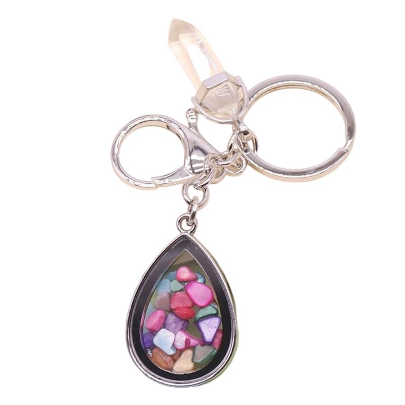 Natural Stone Crystals Teardrop Shape Photo Locket Keychain Featuring Diamonds Cut Designs for Sentimental Gifts