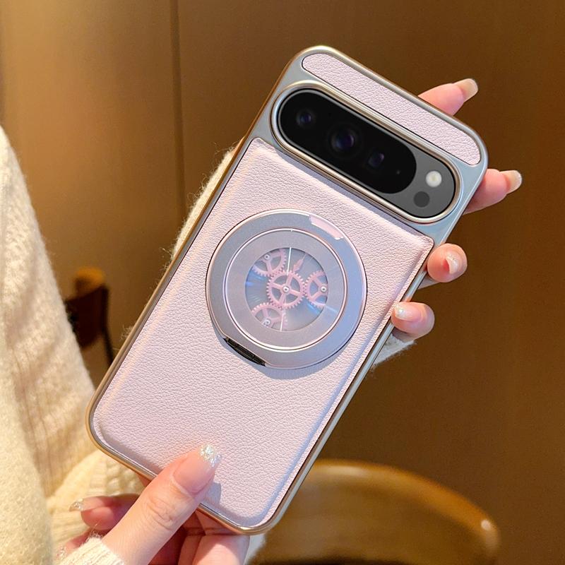 For Google Pixel 9 Pro XL Magnetic Case Rotating Kickstand Gear Stress Relief Leather Phone Back Cover